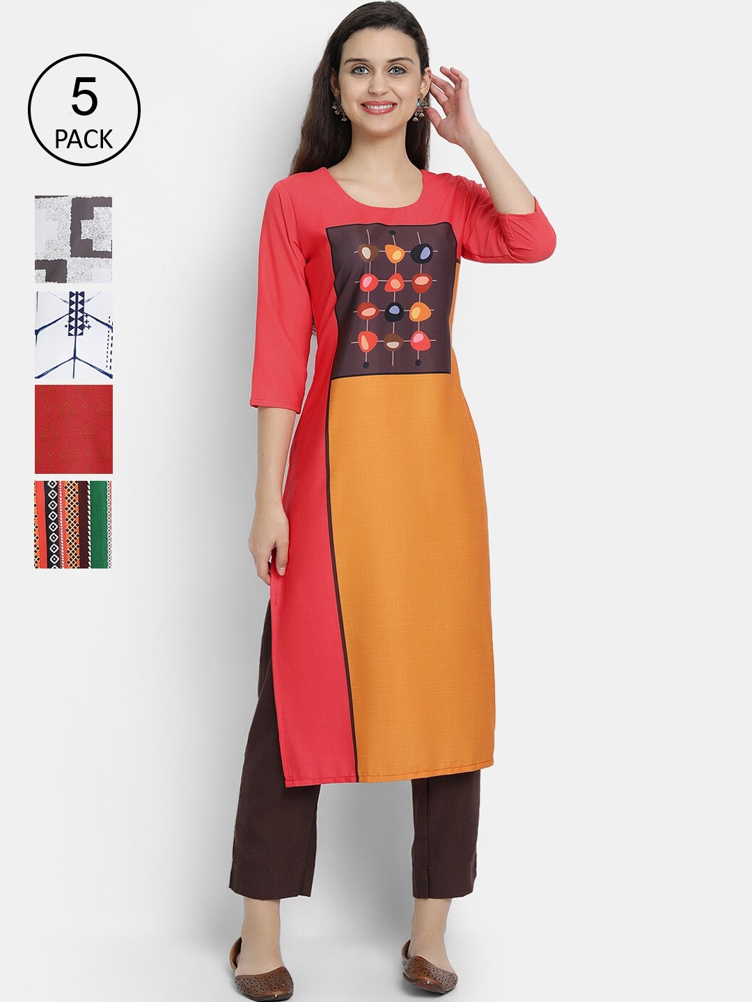 

7Threads Women Pack Of 5 Printed Crepe Kurta, Yellow