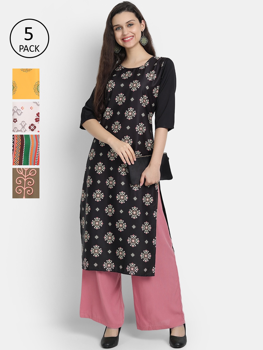 

7Threads Women Multicoloured Pack of 5 Floral Printed Thread Work Crepe Kurta, Multi