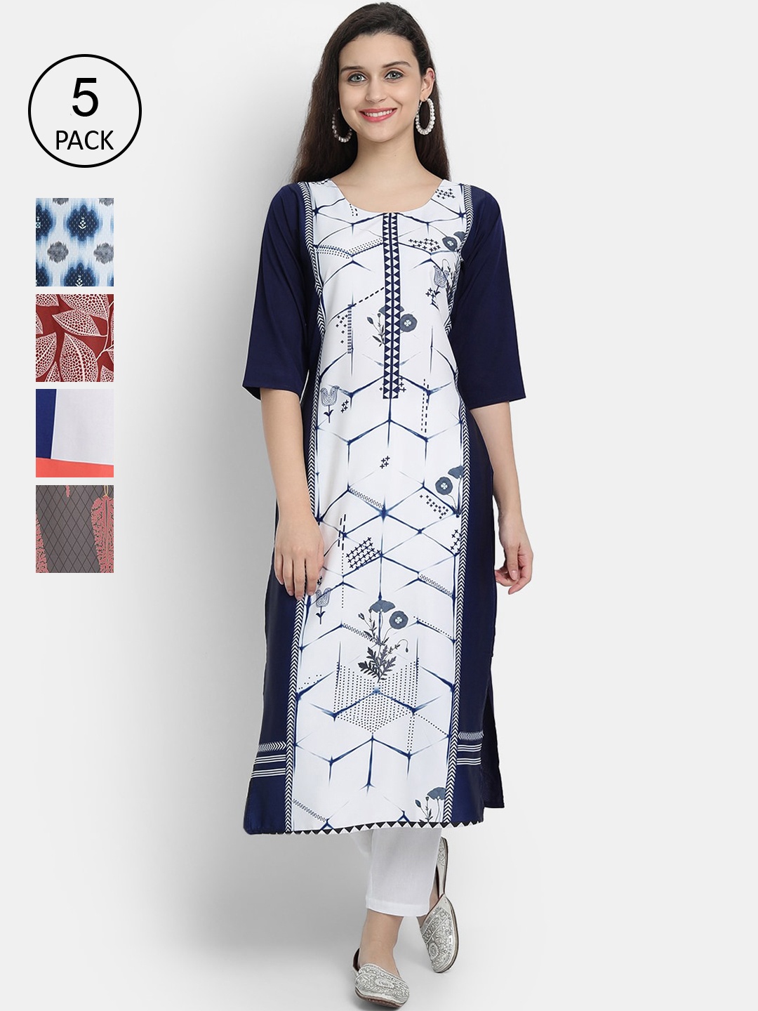 

7Threads Pack of 5 Women Printed Crepe Kurta, Multi