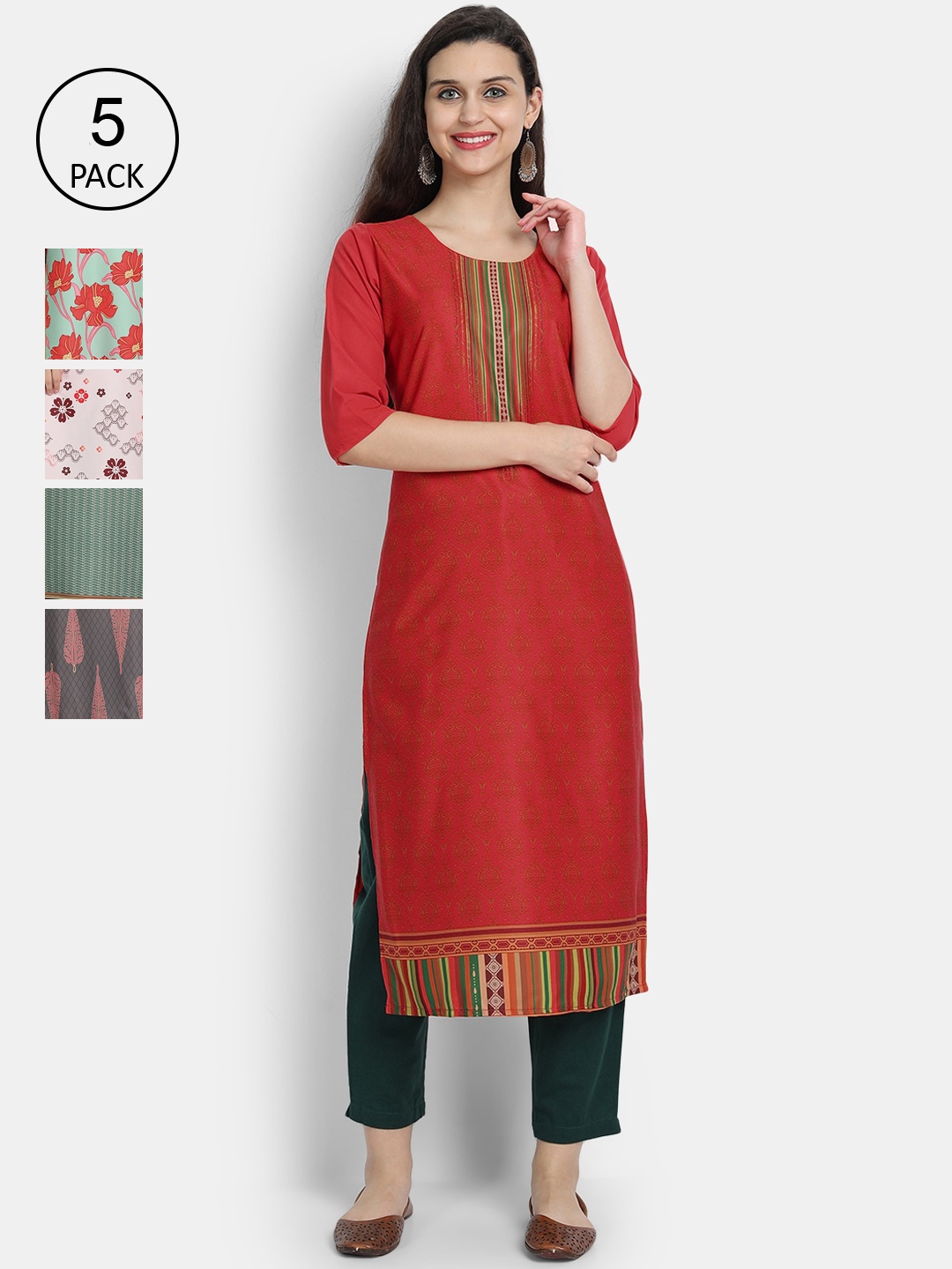 

7Threads Women Pack Of 5 Ethnic Motifs Printed Crepe Kurta, Red