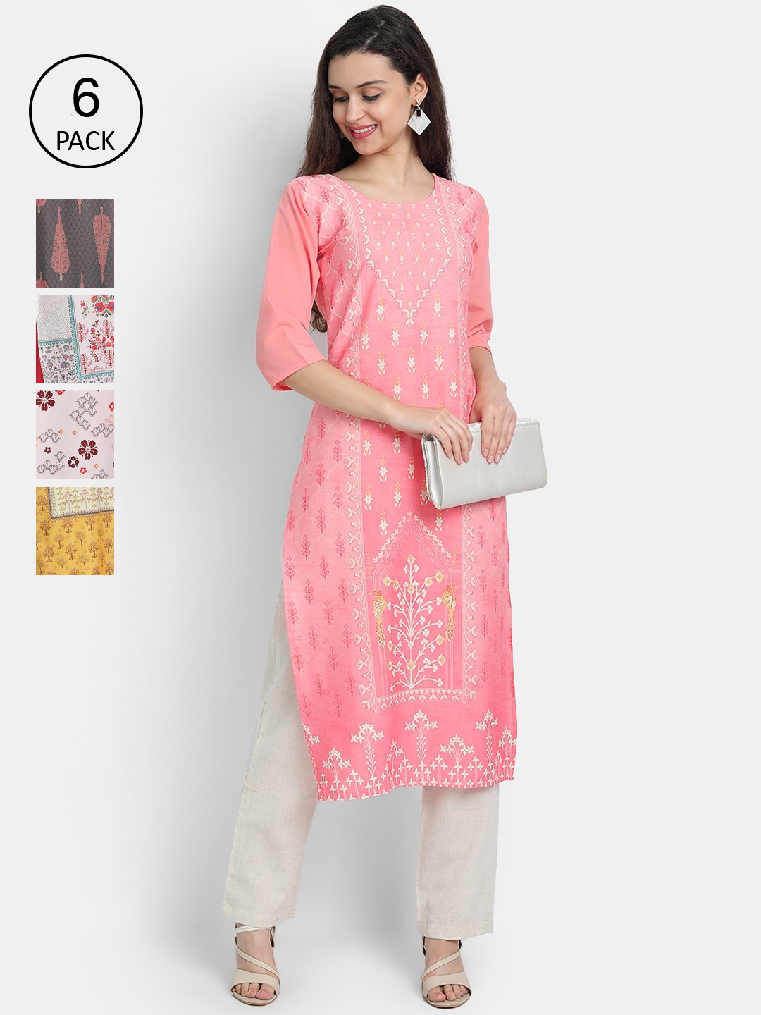 

7Threads Women Pack Of 6 Printed Crepe Kurtas, Pink