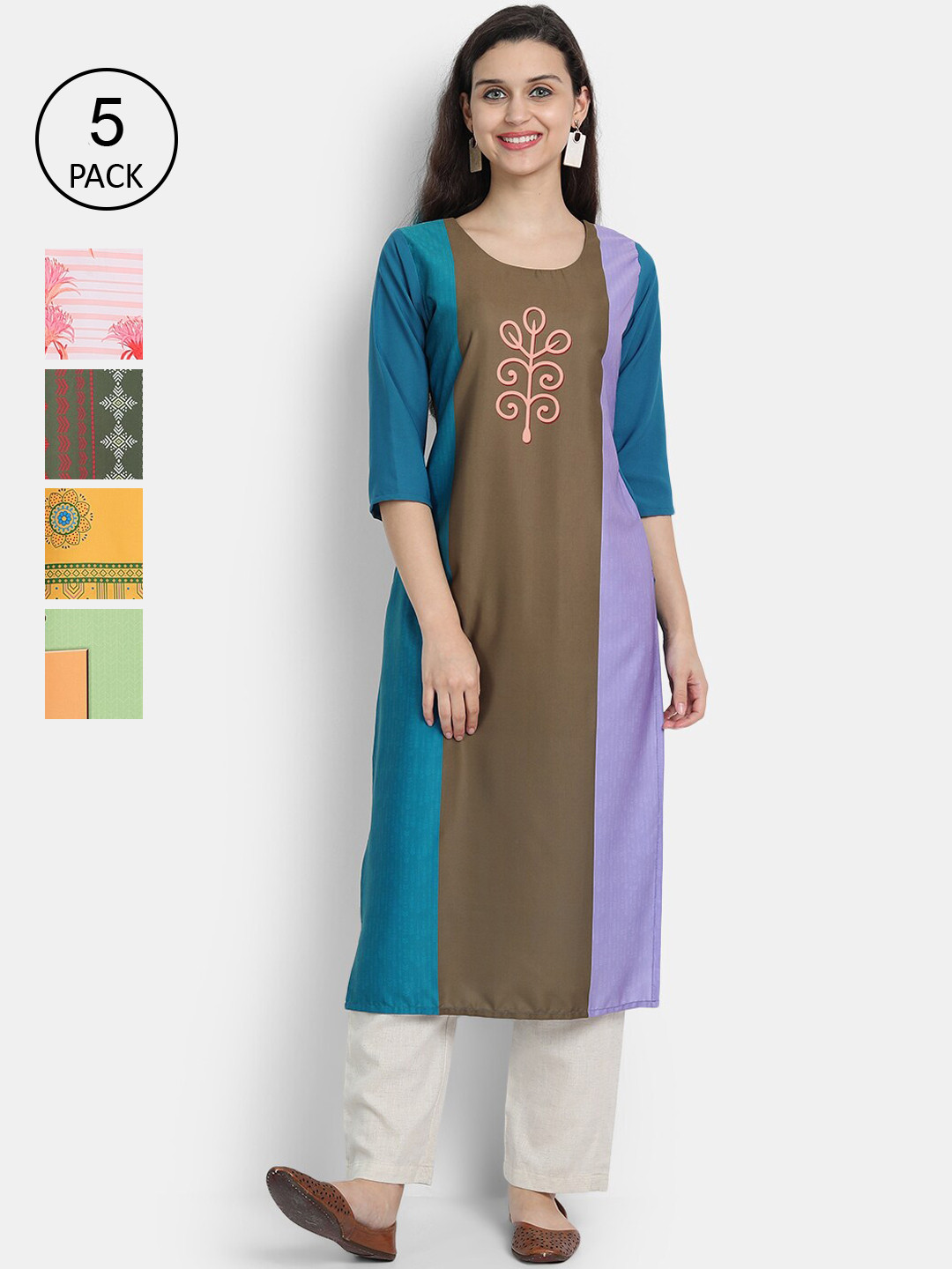

7Threads Woman Pack of 5 Multicoloured Quirky Printed Crepe Kurta, Multi