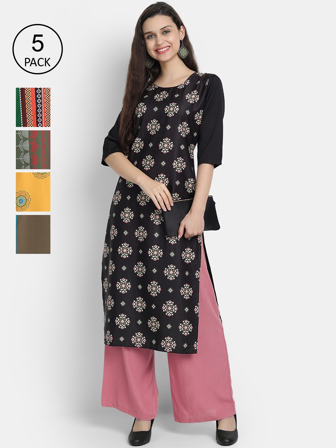 

7Threads Women Set of 5 Ethnic Motifs Printed Crepe Kurta, Multi