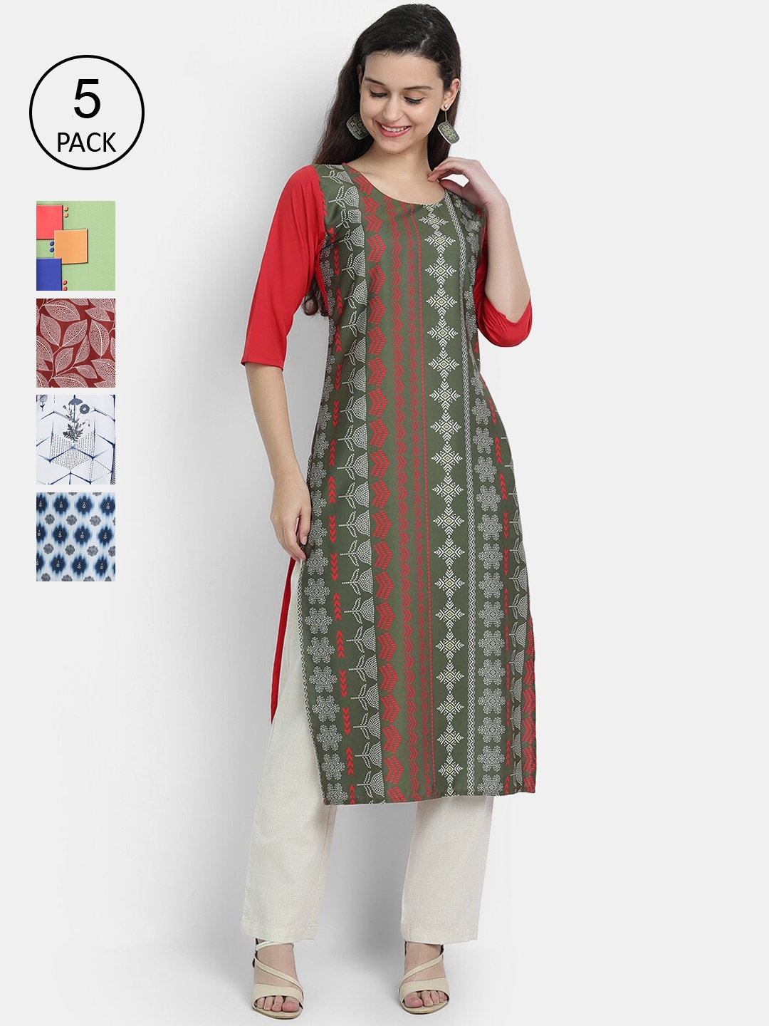 

7Threads Women Pack Of 5 Crepe Kurta, Green