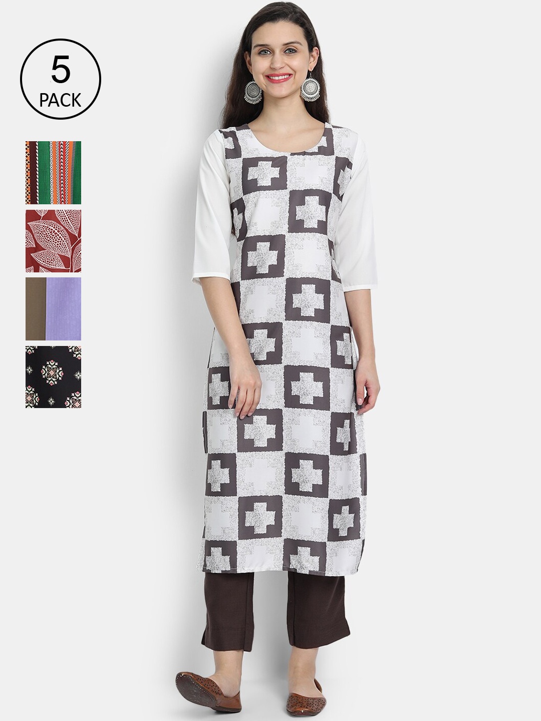 

7Threads Women Pack Of 5 Printed Crepe Kurta, White