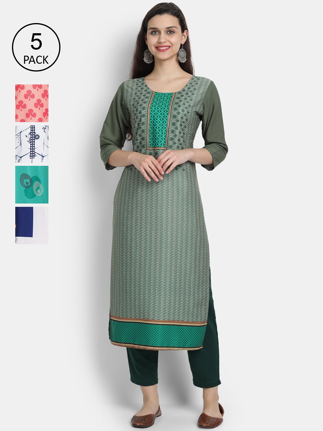 

7Threads Women Pack Of 5 Printed Crepe Kurtas, Green