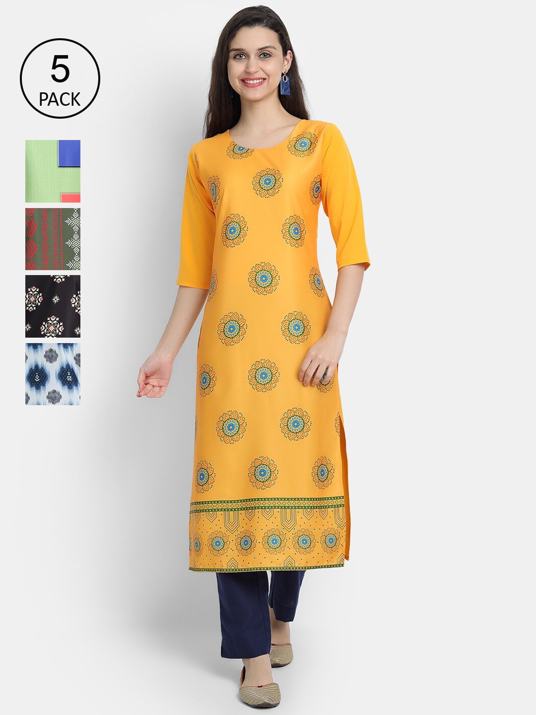 

7Threads Women Pack Of 5 Printed Crepe Kurta, Yellow