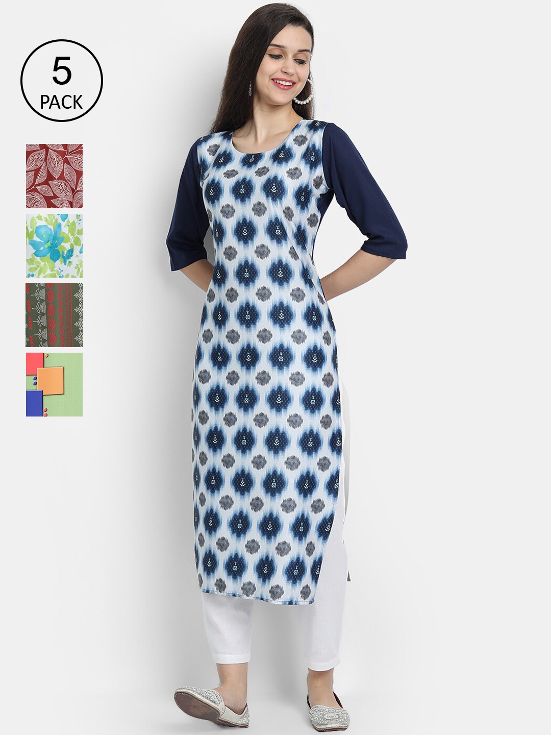 

7Threads Women Multicoloured Pack of 5 Printed Crepe Kurta, Multi
