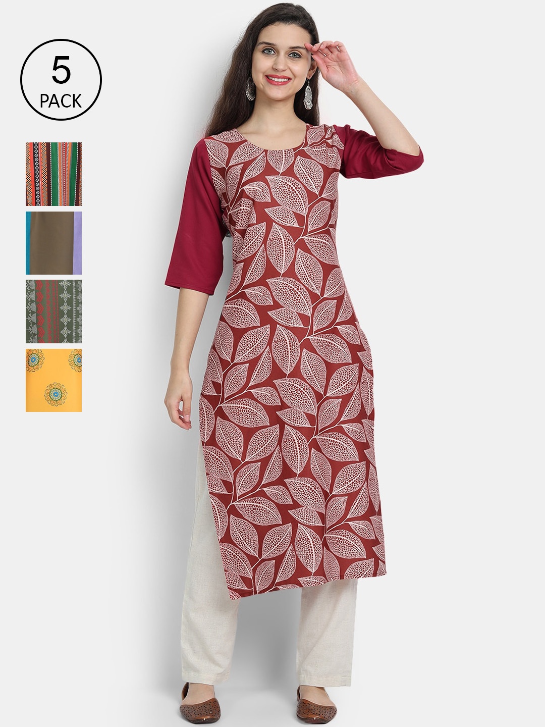 

7Threads Women Pack Of 5 Printed Crepe Kurta, Maroon