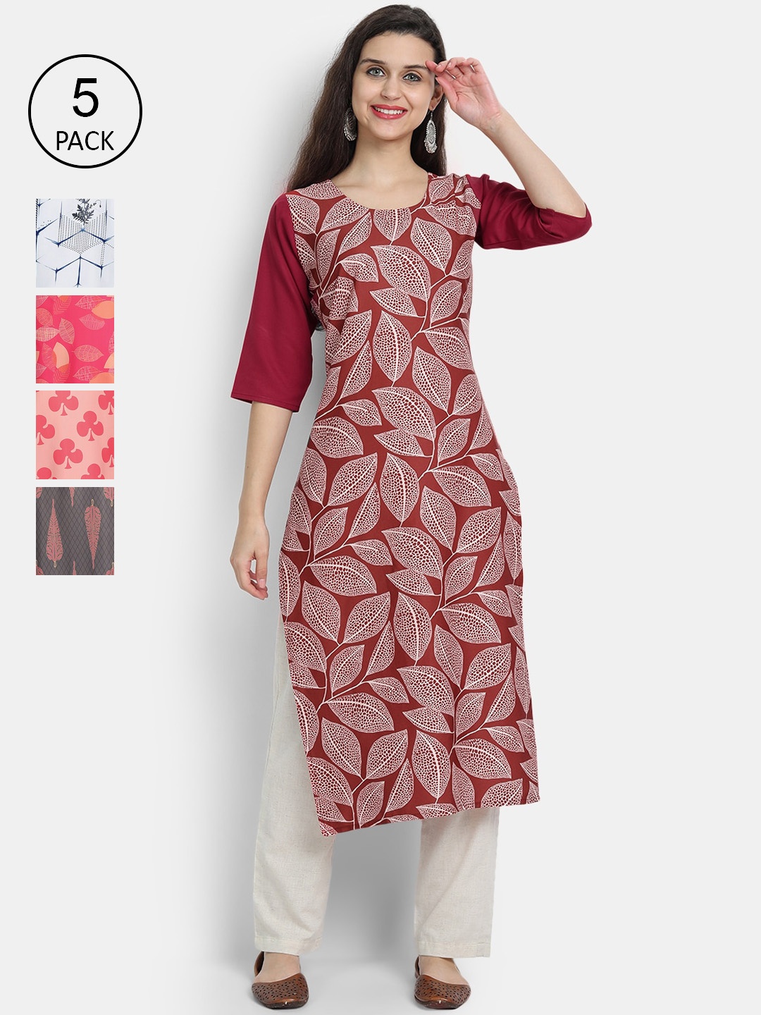 

7Threads Women Pack Of 5 Crepe Kurta, Maroon