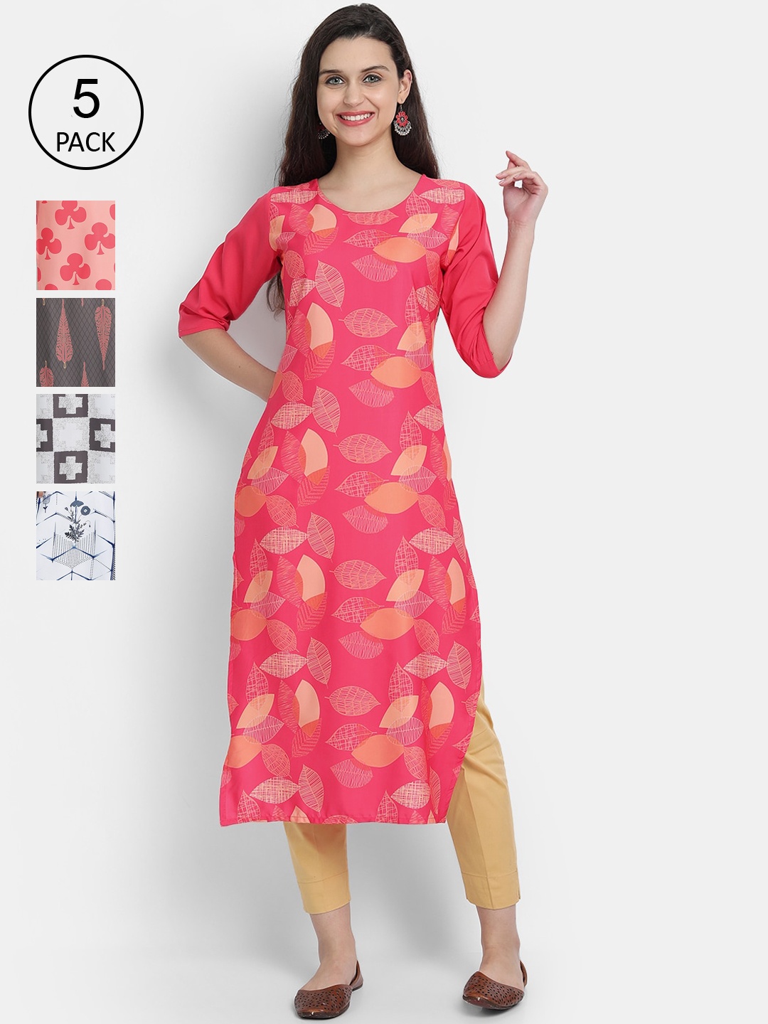 

7Threads Women Pack Of 5 Printed Crepe Kurta, Pink
