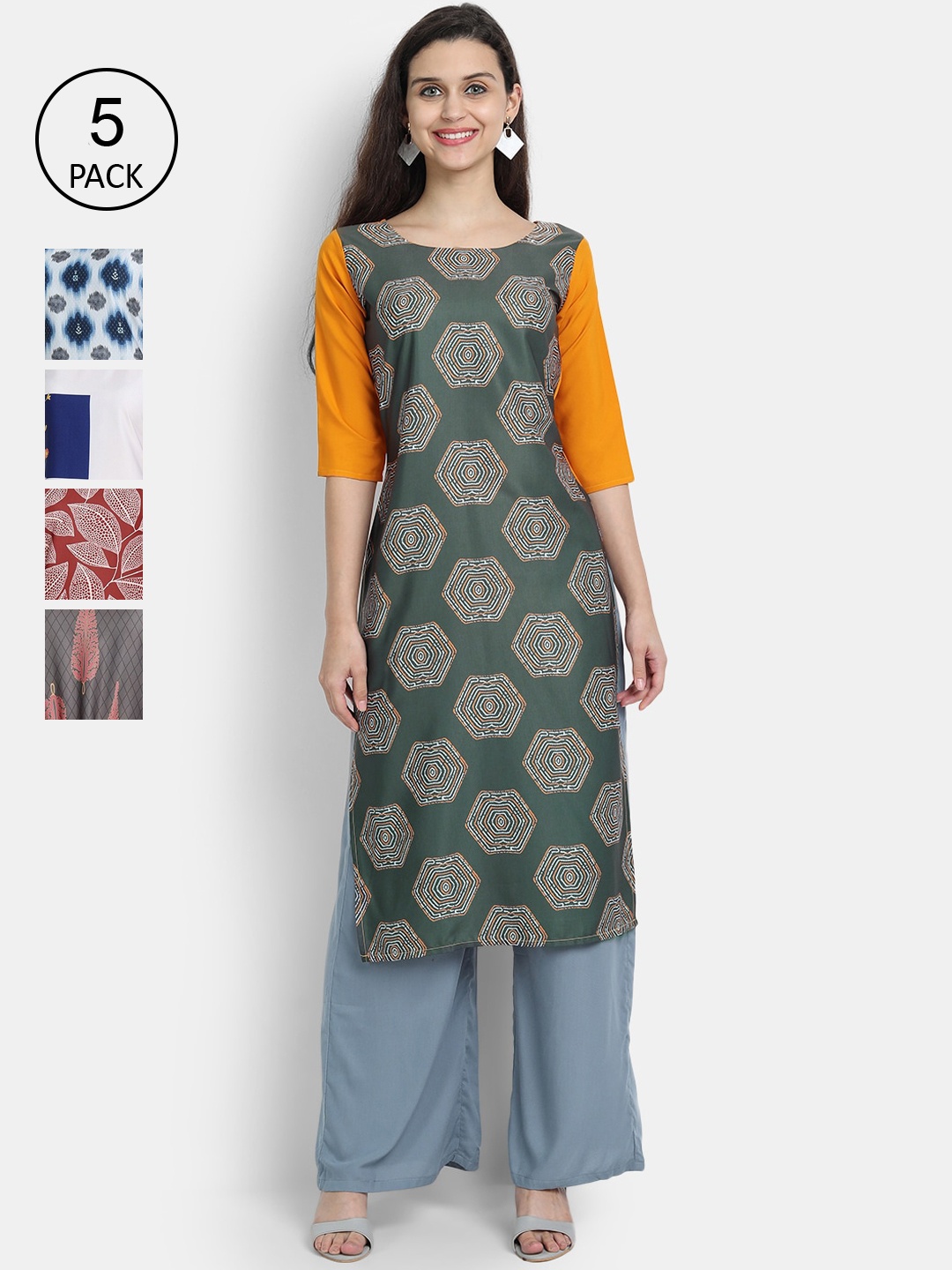 

7Threads Women Pack Of 5 Ethnic Motifs Printed Crepe Kurta, Green