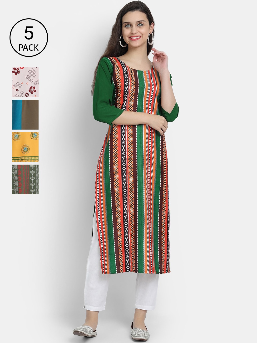 

7Threads Women Pack Of 5 Printed Crepe Kurtas, Green
