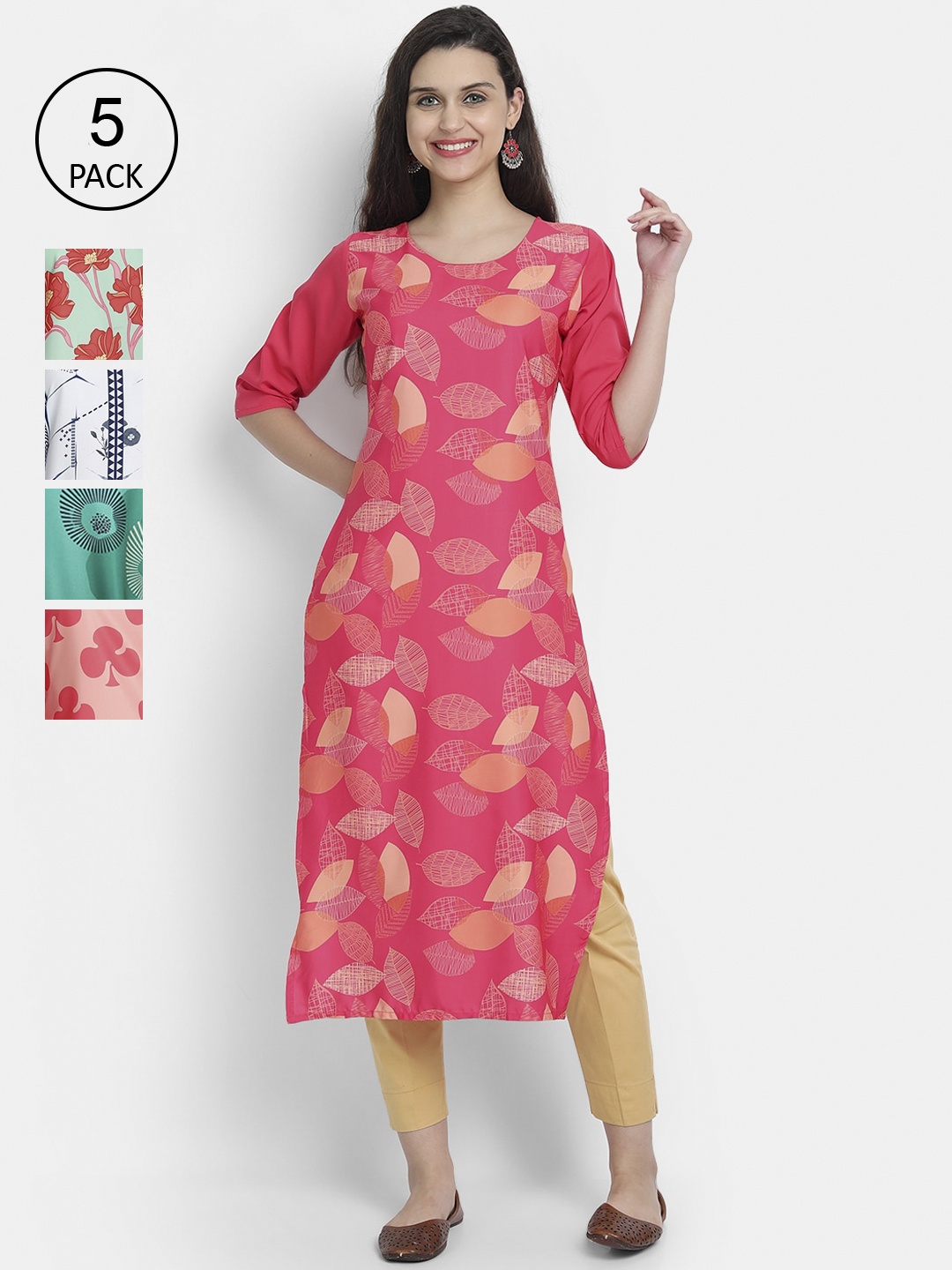 

7Threads Women Pack Of 5 Printed Crepe Kurtas, Pink