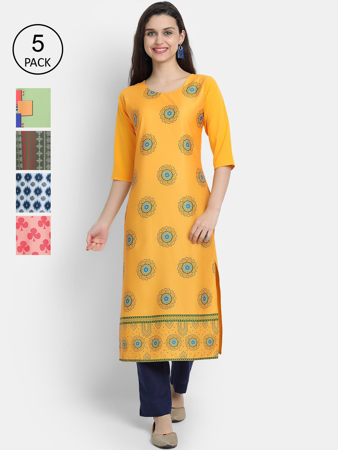 

7Threads Women Pack Of 5 Crepe Kurta, Yellow