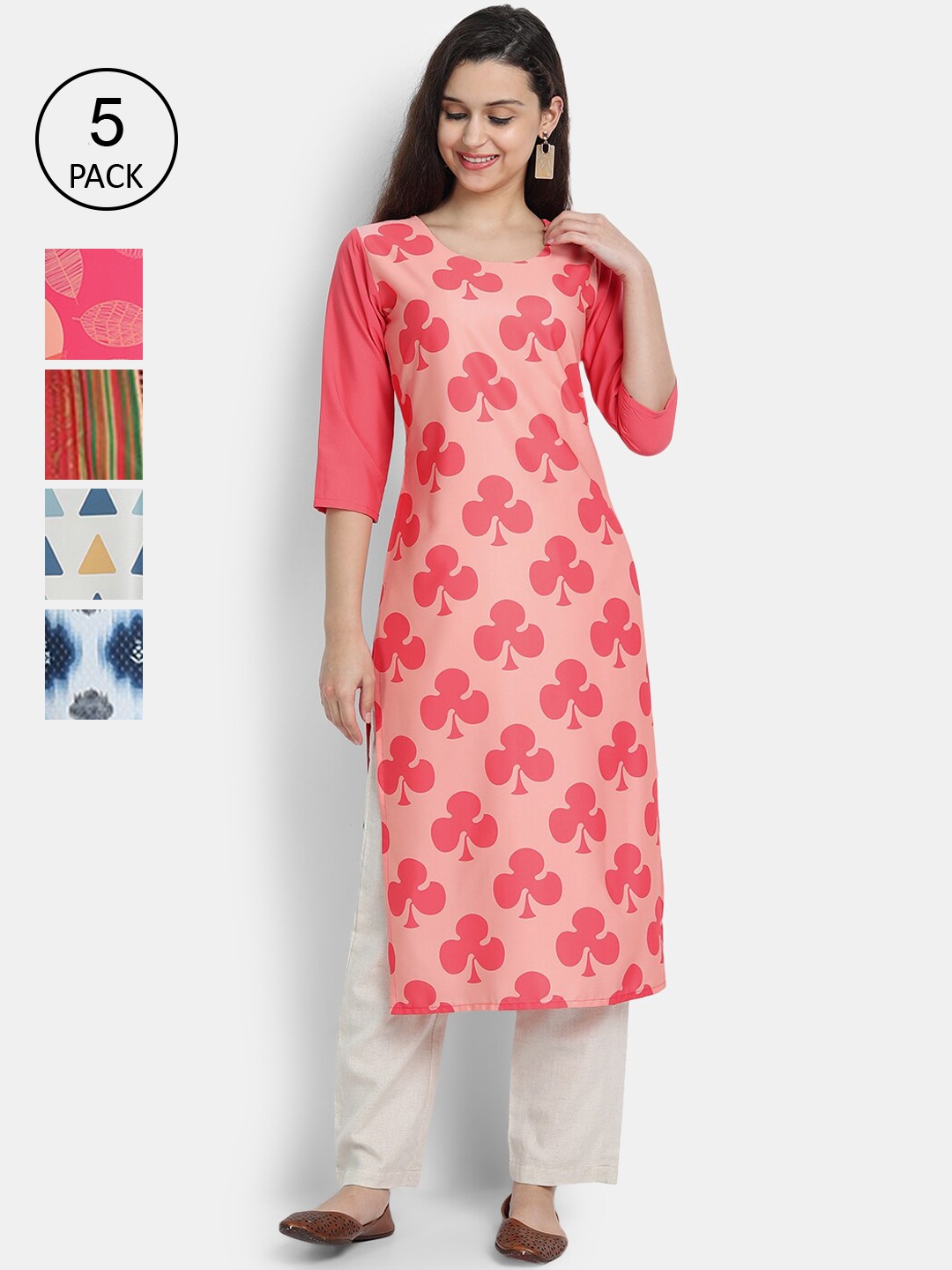 

7Threads Woman Pack of 5 Multicoloured Ethnic Motifs Printed Crepe Kurta, Multi