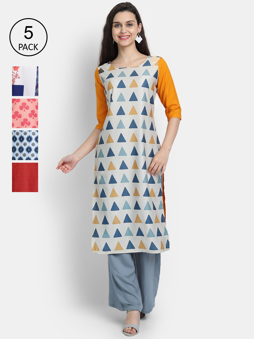 

7Threads Woman Pack of 5 Multicoloured Ethnic Motifs Printed Crepe Kurta, Multi