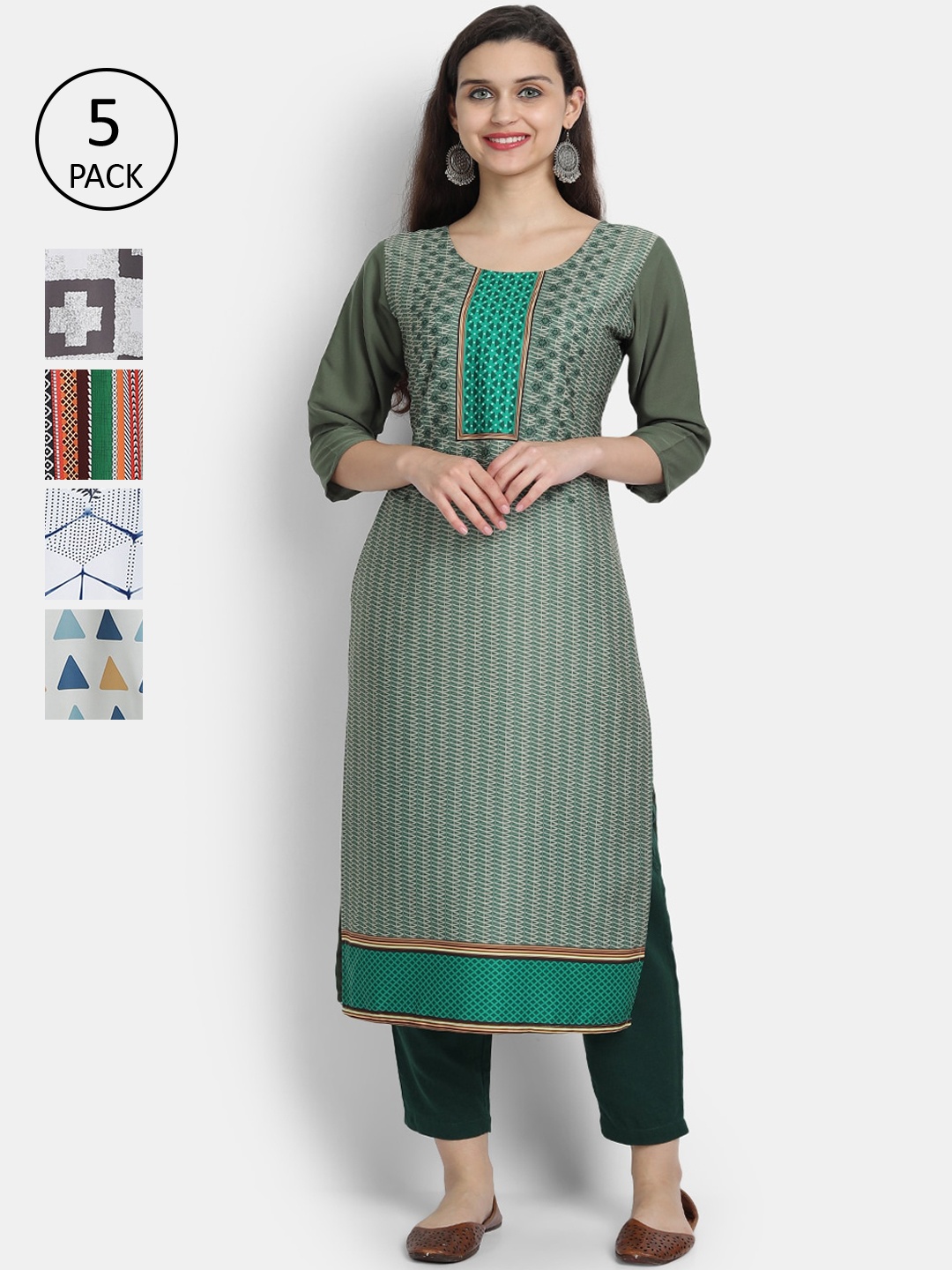 

7Threads Women Pack Of 5 Crepe Kurta, Green