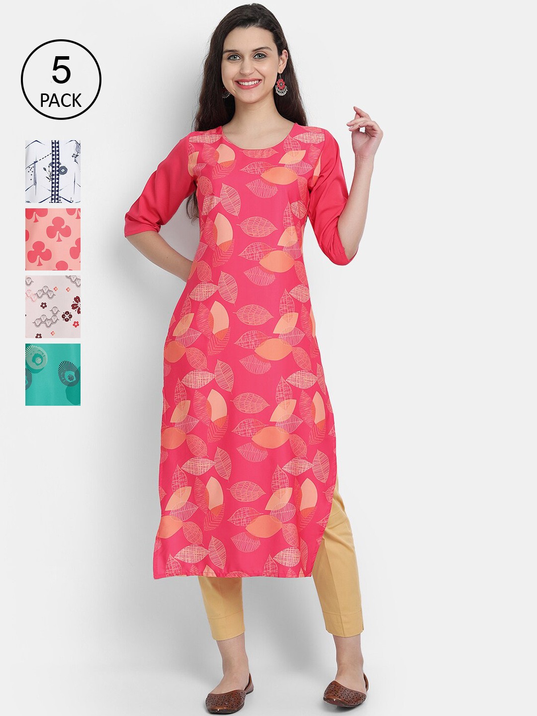 

7Threads Women Pack Of 5 Printed Crepe Kurtas, Pink