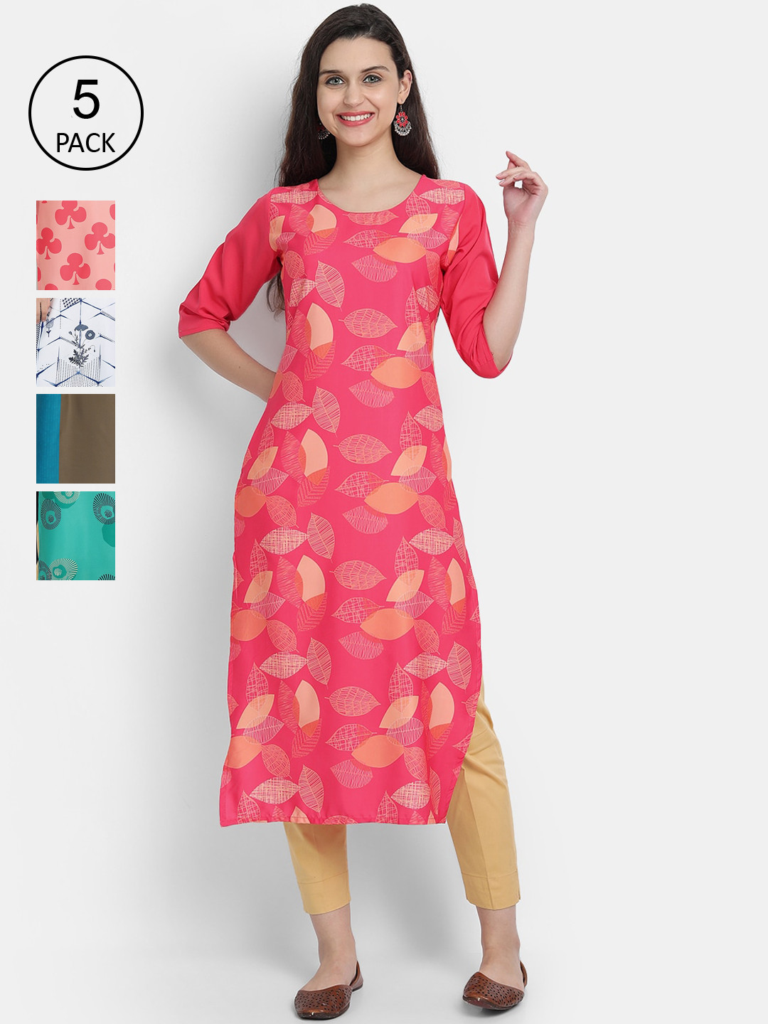 

7Threads Women Pack Of 5 Printed Crepe Kurta, Pink
