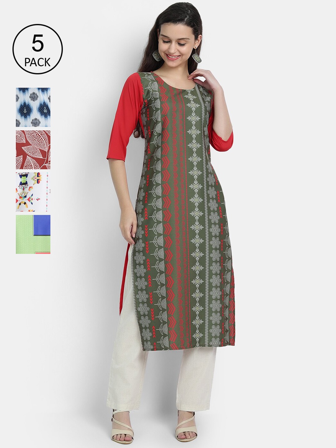 

7Threads Women Set of 5 Ethnic Motifs Printed Crepe Kurta, Multi