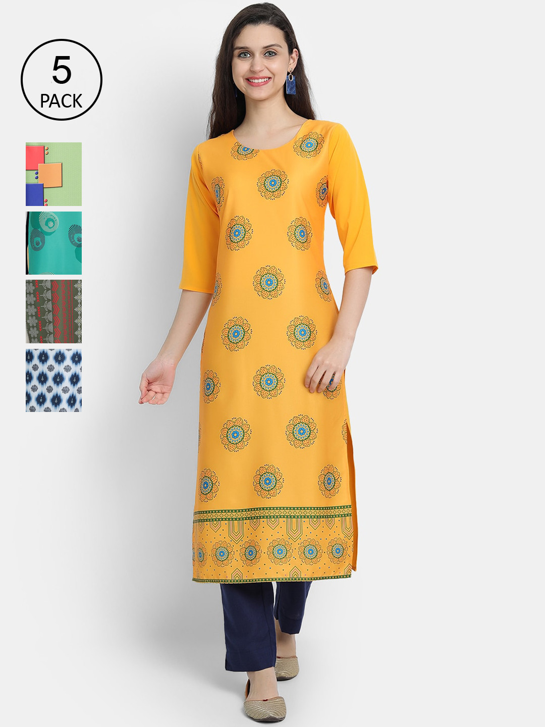 

7Threads Women Pack Of 5 Ethnic Motifs Printed Crepe Kurta, Yellow