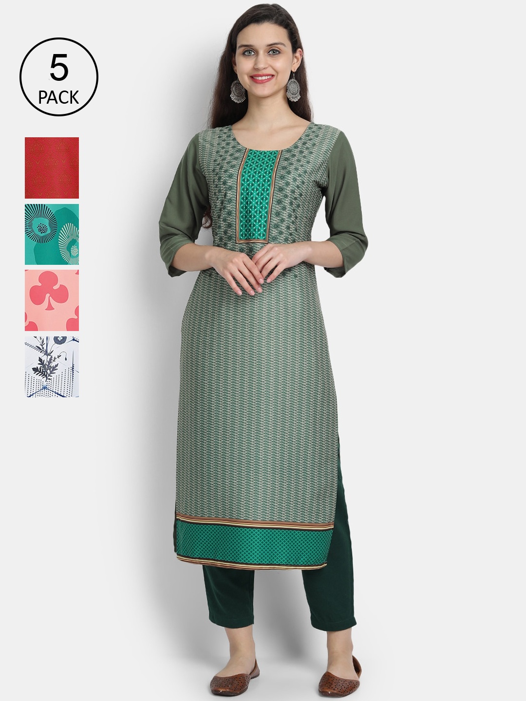 

7Threads Women Pack Of 5 Crepe Kurta, Green
