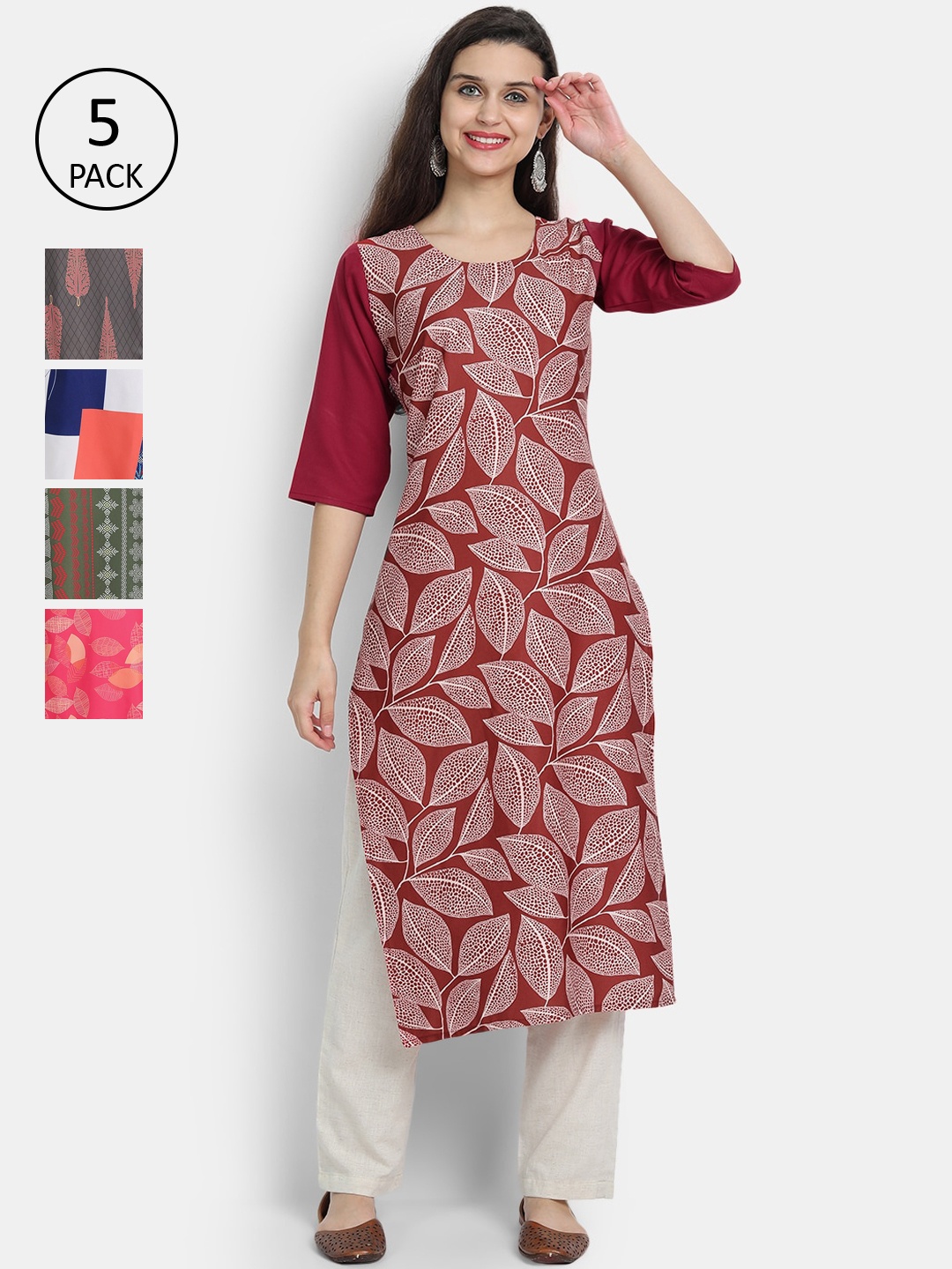 

7Threads Women Pack Of 5 Crepe Kurta, Maroon