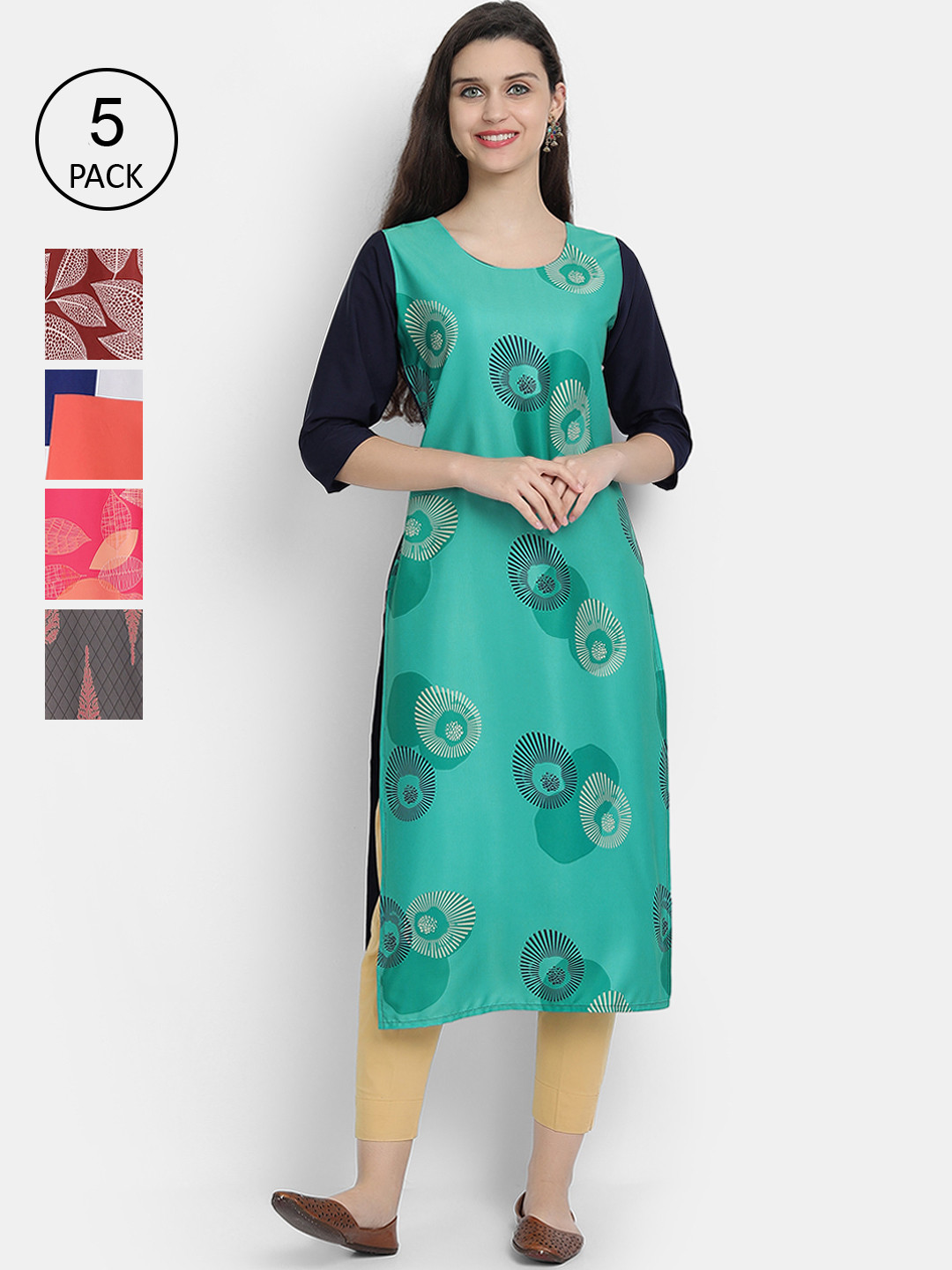 

7Threads Women Multicoloured Pack of 5 Ethnic Motifs Printed Crepe Kurta, Multi