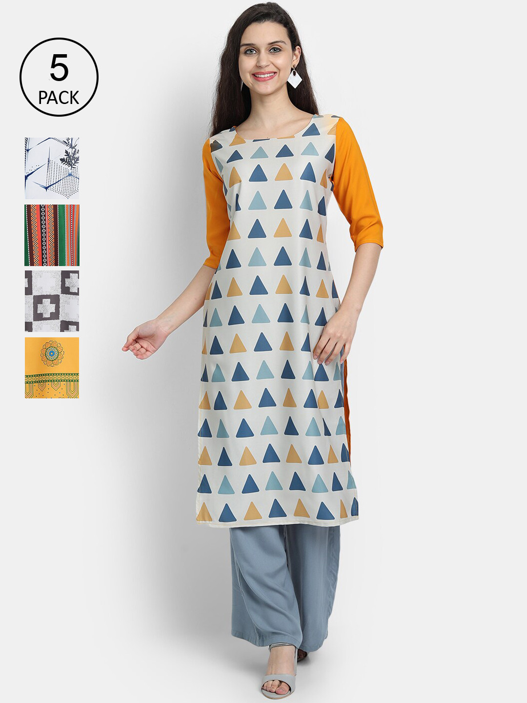 

7Threads Women Multicoloured Pack of 5 Printed Thread Work Crepe Kurta, Multi