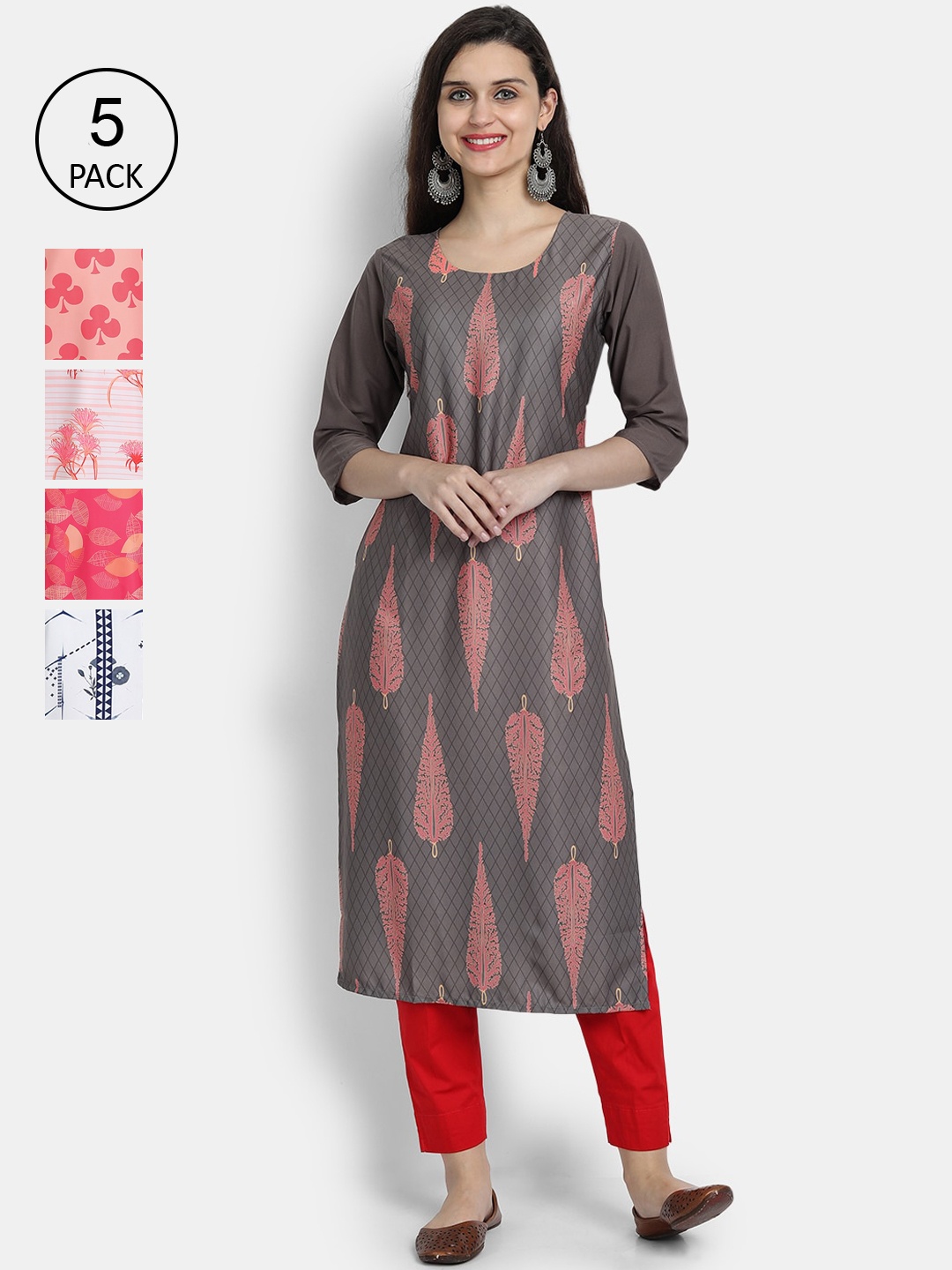 

7Threads Women Pack Of 5 Ethnic Motifs Printed Crepe Kurta, Grey