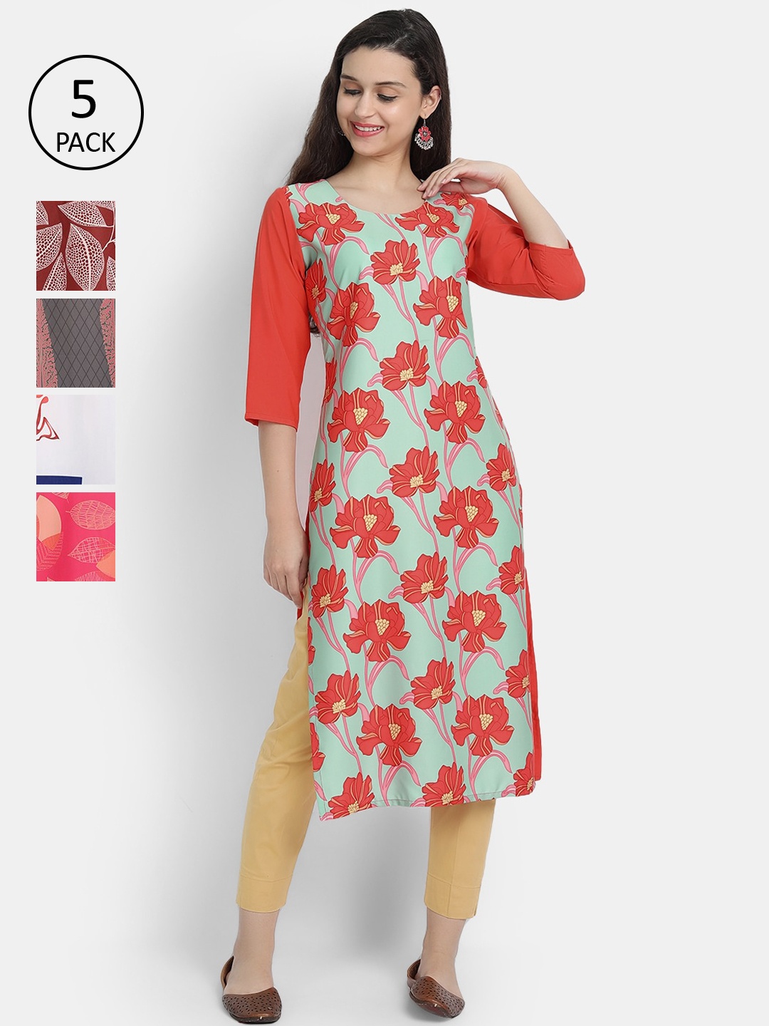 

7Threads Woman Pack of 5 Multicoloured Floral Printed Crepe Kurta, Multi