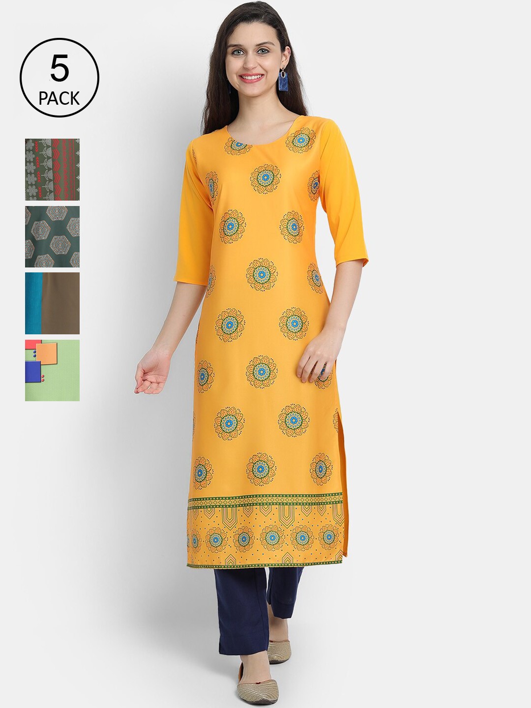 

7Threads Women Pack Of 5 Crepe Kurta, Yellow