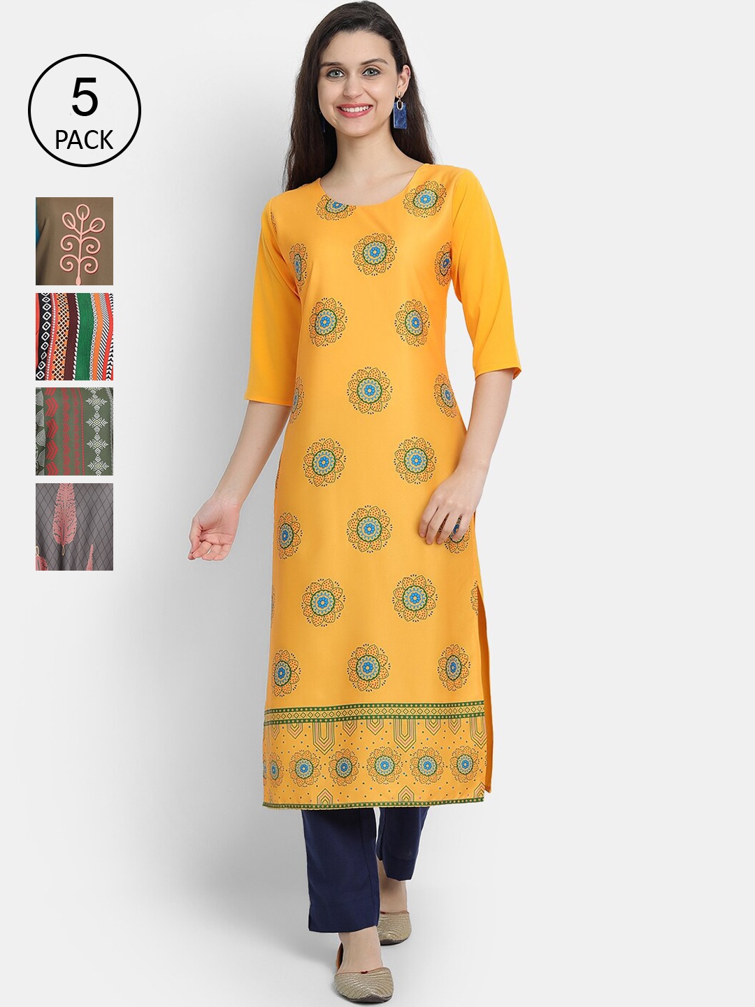 

7Threads Women Pack Of 5 Crepe Kurta, Yellow