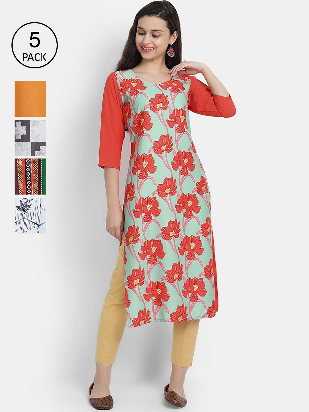 

7Threads Women Multicoloured Pack of 5 Floral Printed Crepe Kurta, Multi
