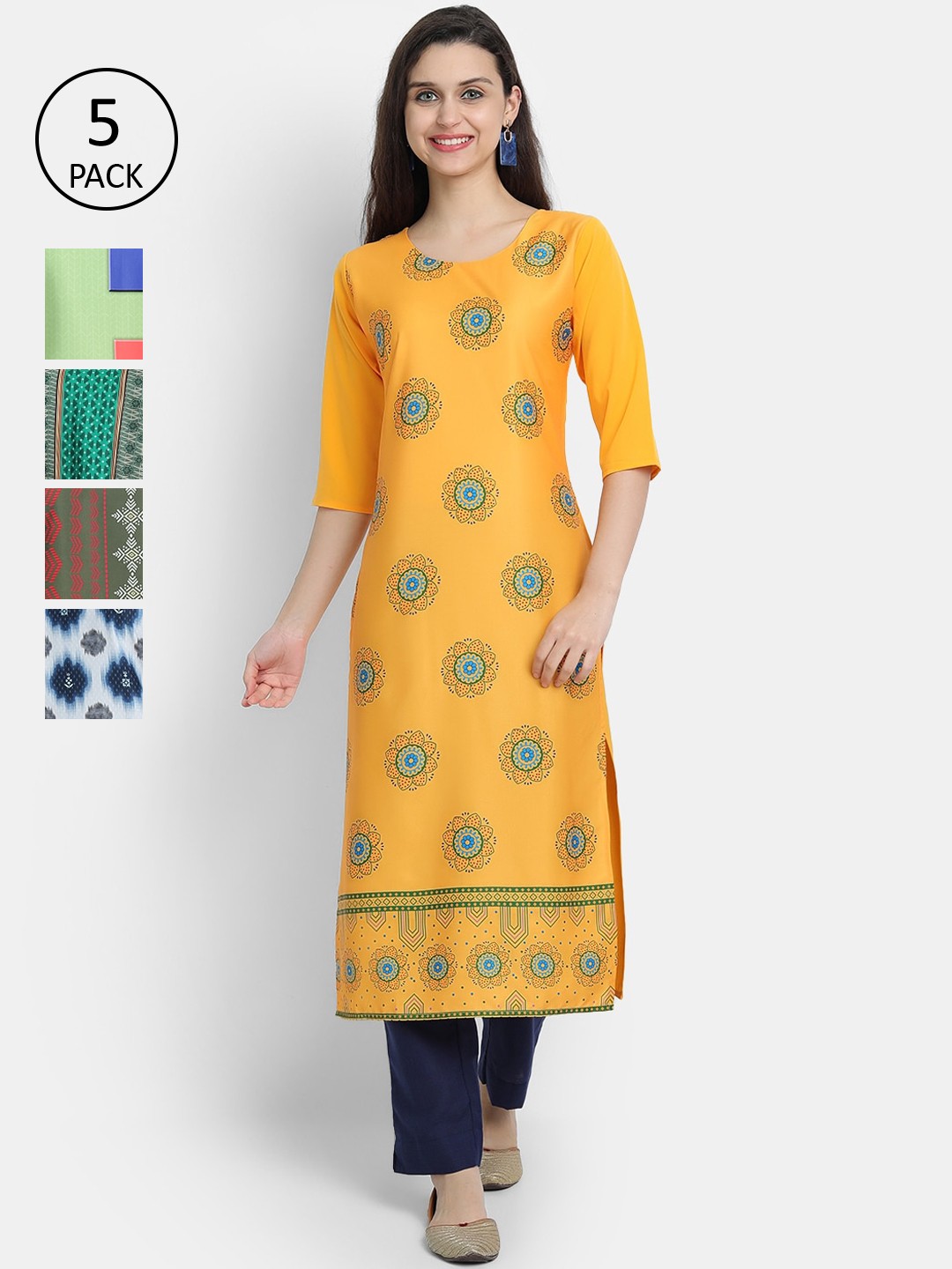 

7Threads Women Pack Of 5 Crepe Kurta, Yellow