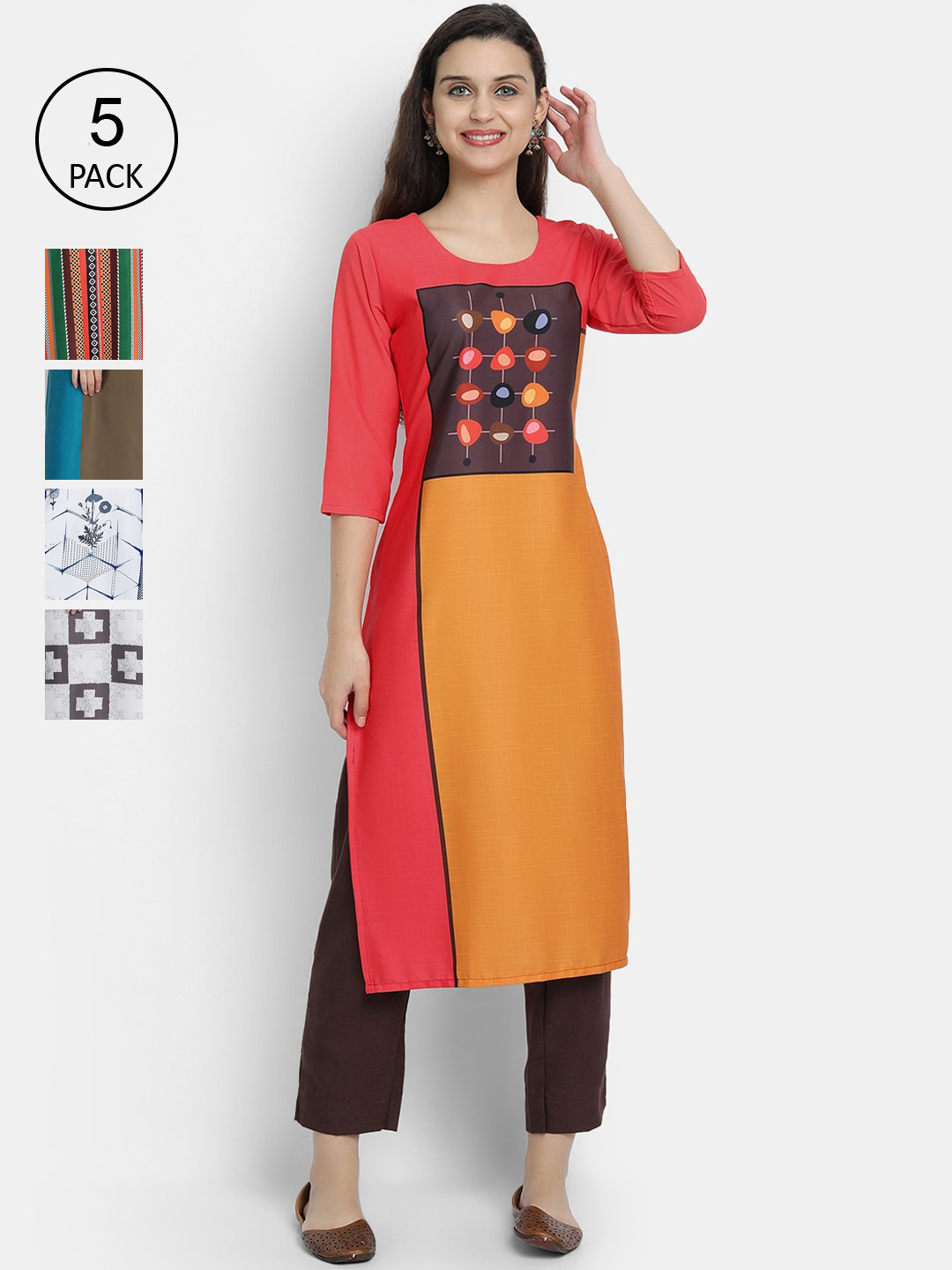 

7Threads Women Multicoloured Pack of 5 Thread Work Crepe Kurta, Multi