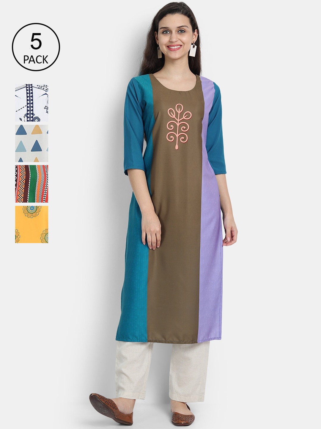 

7Threads Women Pack Of 5 Printed Crepe Kurtas, Brown