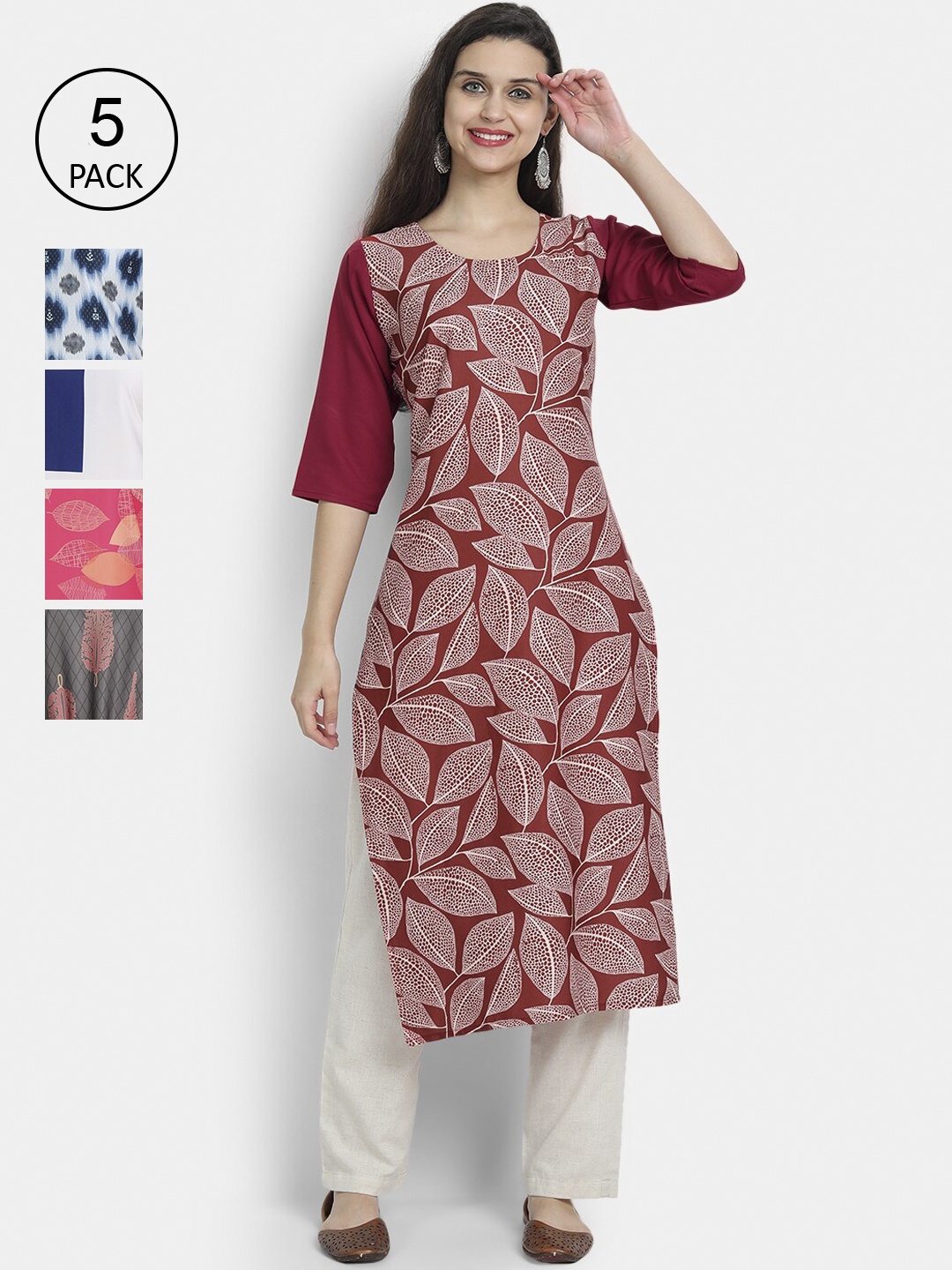 

7Threads Women Pack Of 5 Crepe Kurta, Maroon