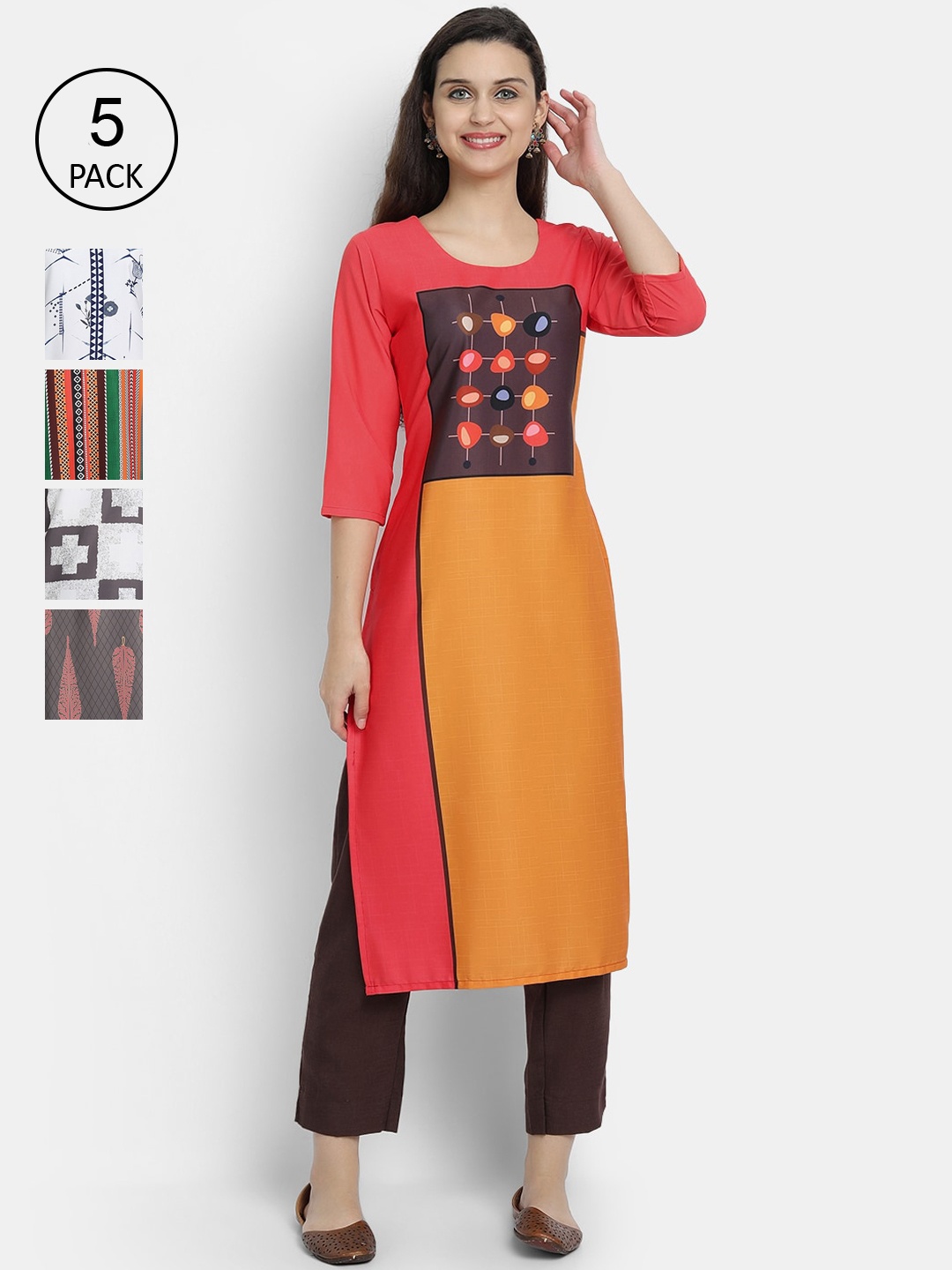 

7Threads Women Pack Of 5 Ethnic Motifs Printed Crepe Kurta, Orange