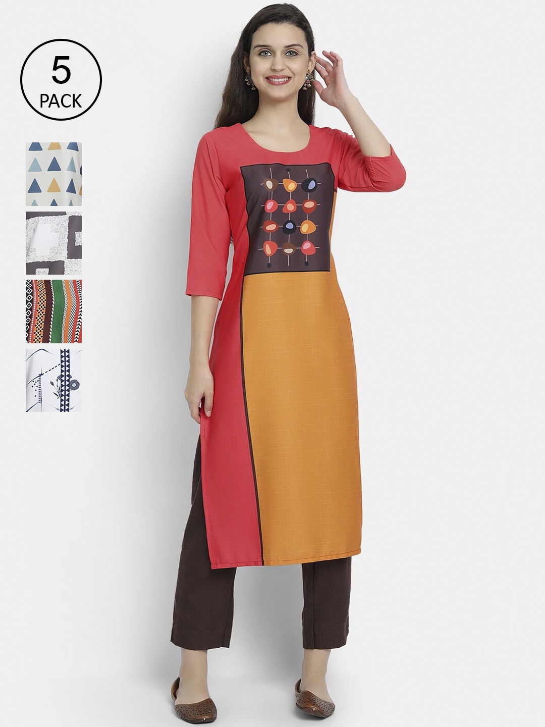 

7Threads Woman Pack of 5 Multicoloured Geometric Printed Crepe Kurta, Multi