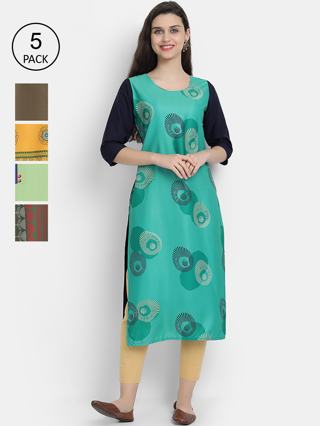 

7Threads Women Multicoloured Pack of 5 Ethnic Motifs Printed Crepe Kurta, Multi