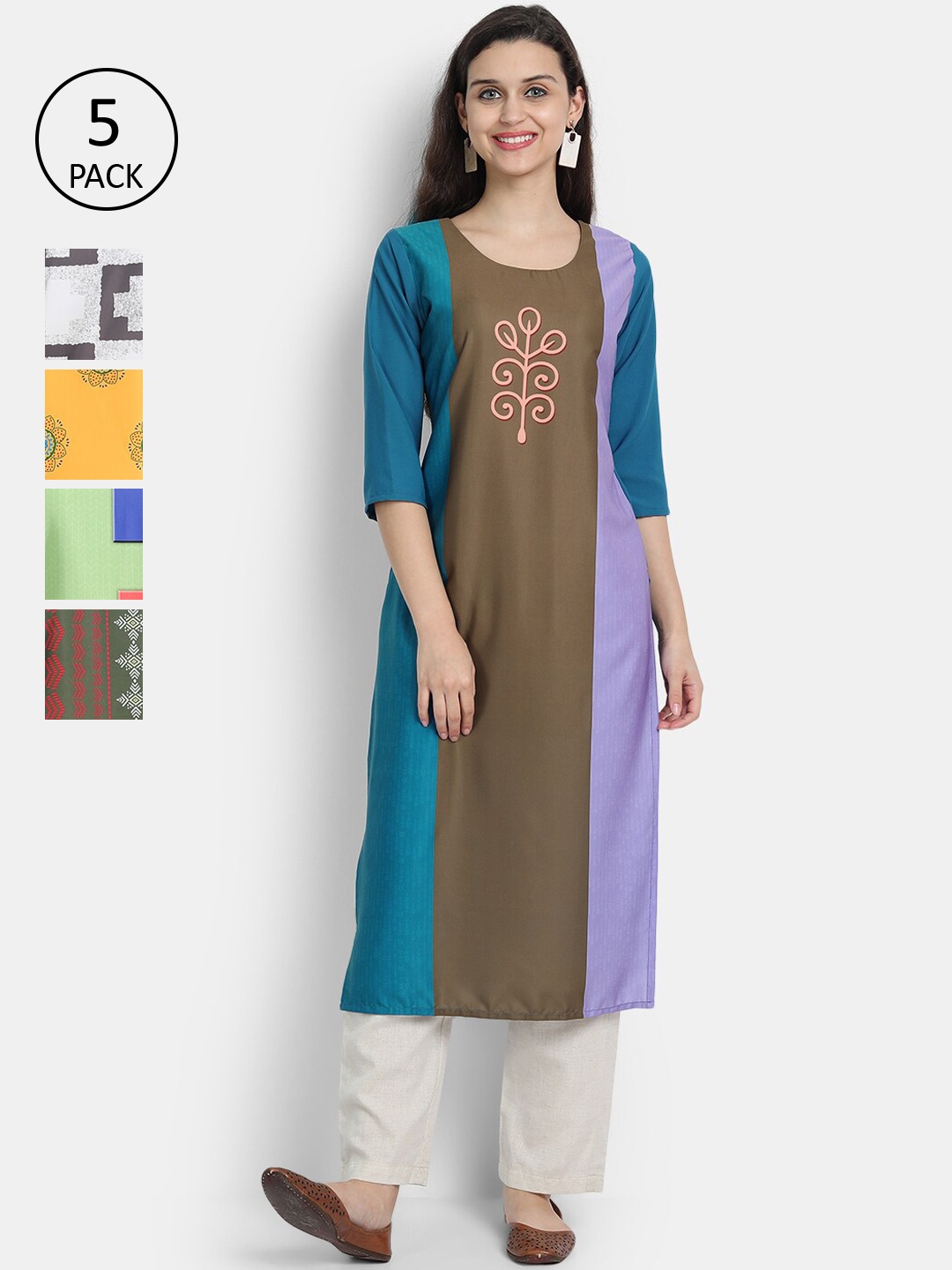 

7Threads Women Pack Of 5 Printed Crepe Kurtas, Brown