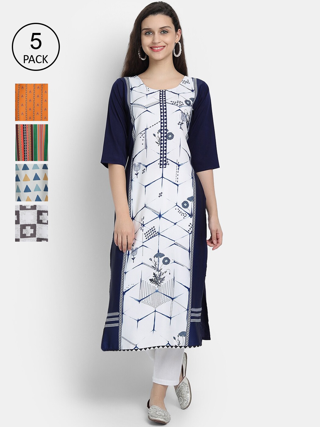 

7Threads Women Set of 5 Ethnic Motifs Printed Crepe Kurta, Multi