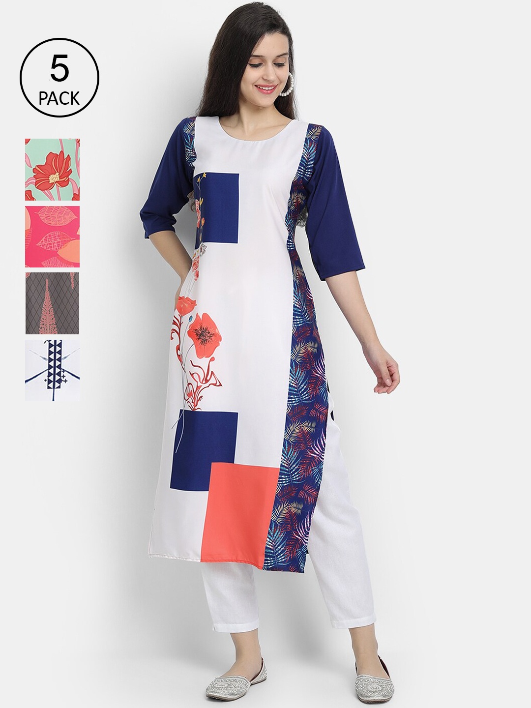 

7Threads Women Pack Of 5 Printed Crepe Kurta, White