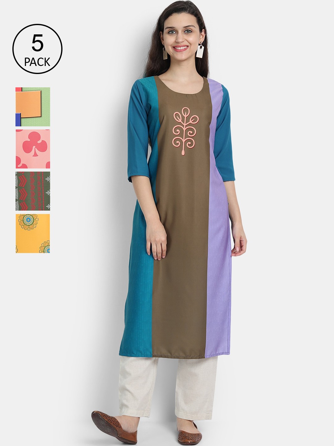 

7Threads Women Pack Of 5 Printed Crepe Kurtas, Blue