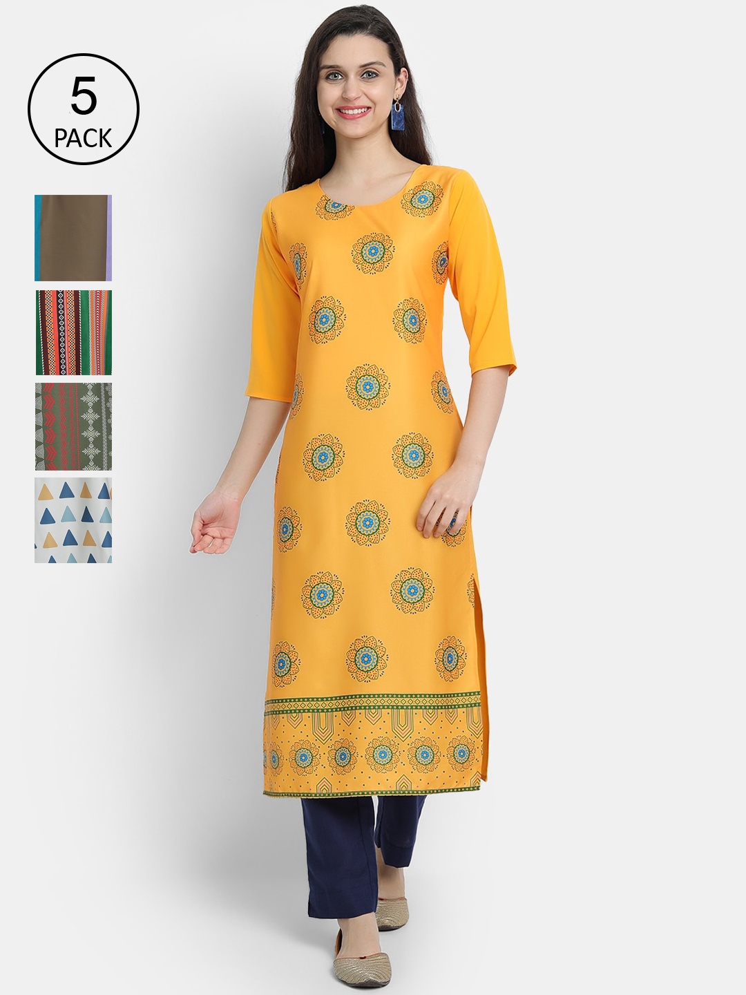 

7Threads Women Pack Of 5 Ethnic Motifs Printed Crepe Kurta, Yellow
