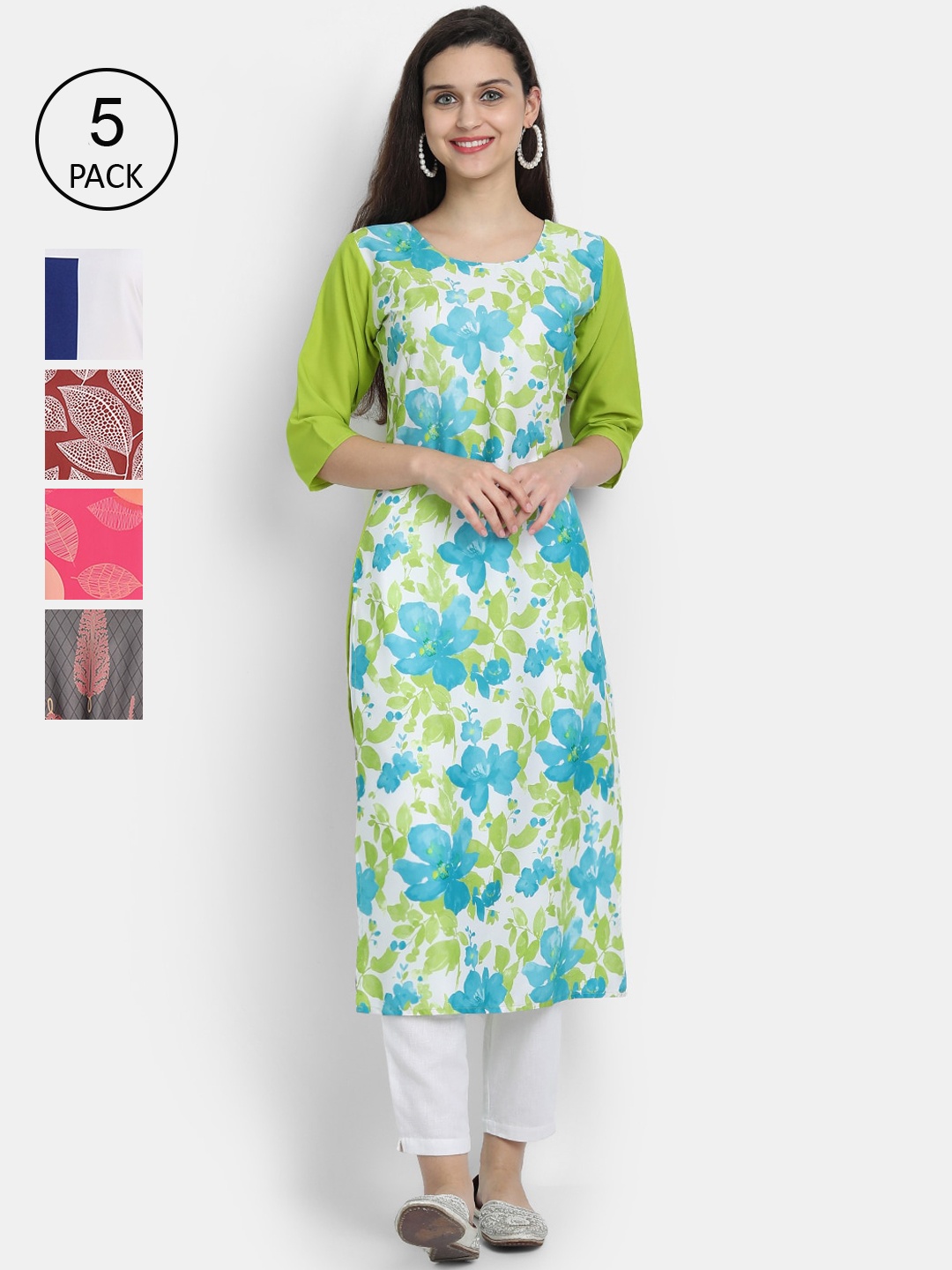 

7Threads Women Pack Of 5 Printed Crepe Kurta, Green