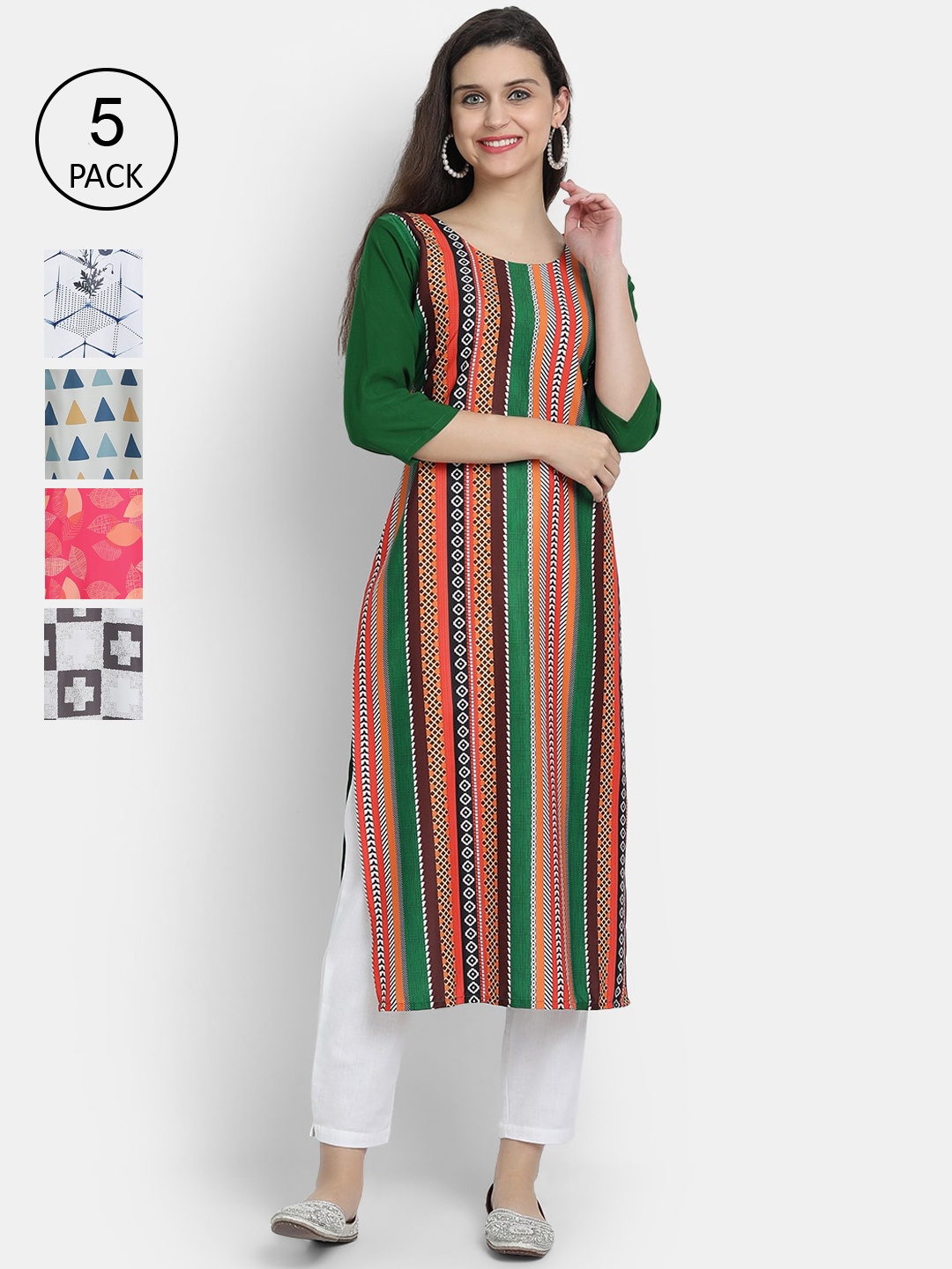 

7Threads Women Pack Of 5 Crepe Kurta, Green