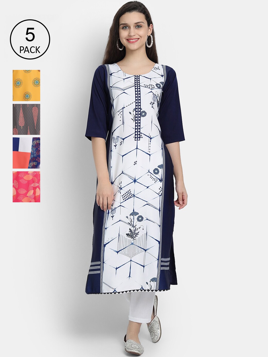 

7Threads Women Pack Of 5 Printed Crepe Kurtas, White